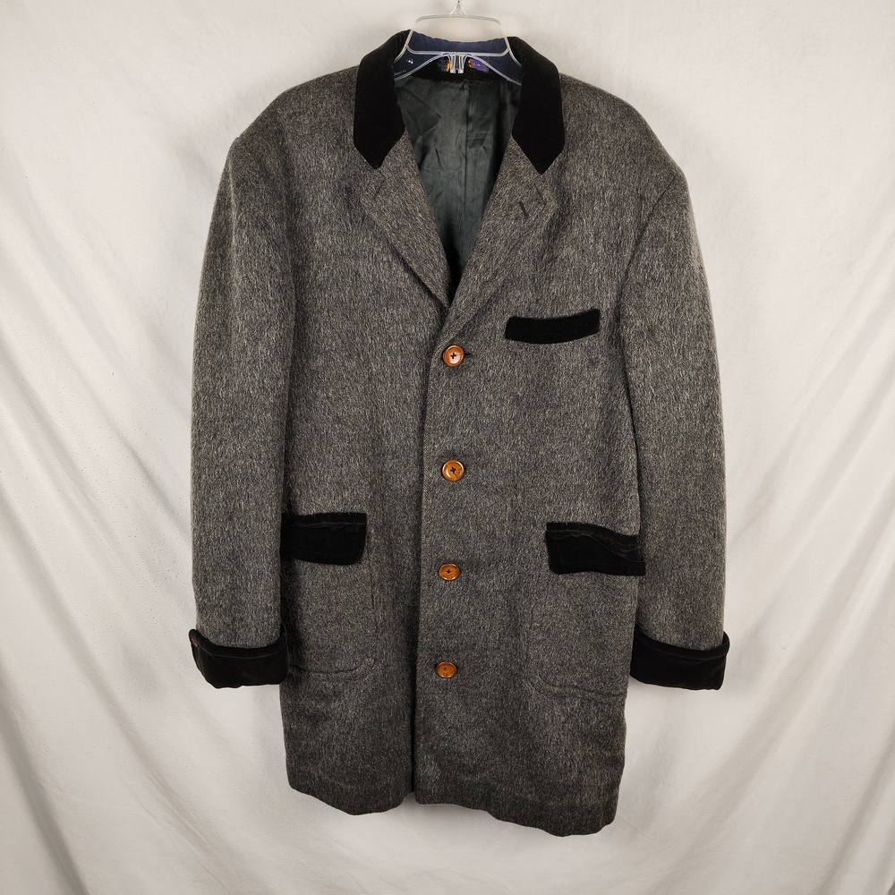 Vintage Wakagusa Coat Mens Large Gray Wool Tweed Overcoat Belted Velvet Lined